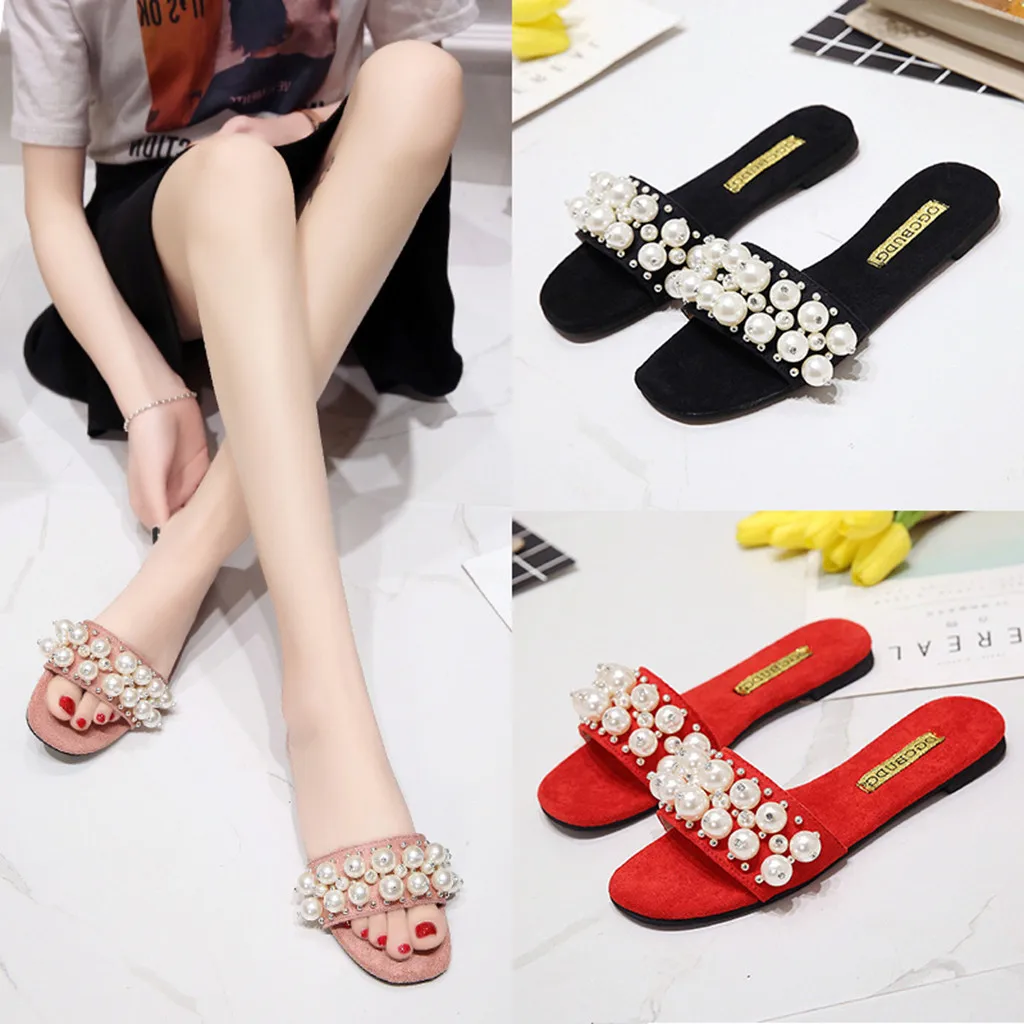 

Women's sandals Fashion Casual chanclas mujer women slippers shoes woman Slip On Flat With Pearl Outdoor Beach Slippers Shoes