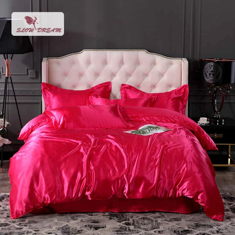 

SlowDream Healthy Bedding Set 100%Silk Luxury Fitted Sheet Duvet Cover Pillowcase Double Euro Adult Bedspread Elastic Band Sheet