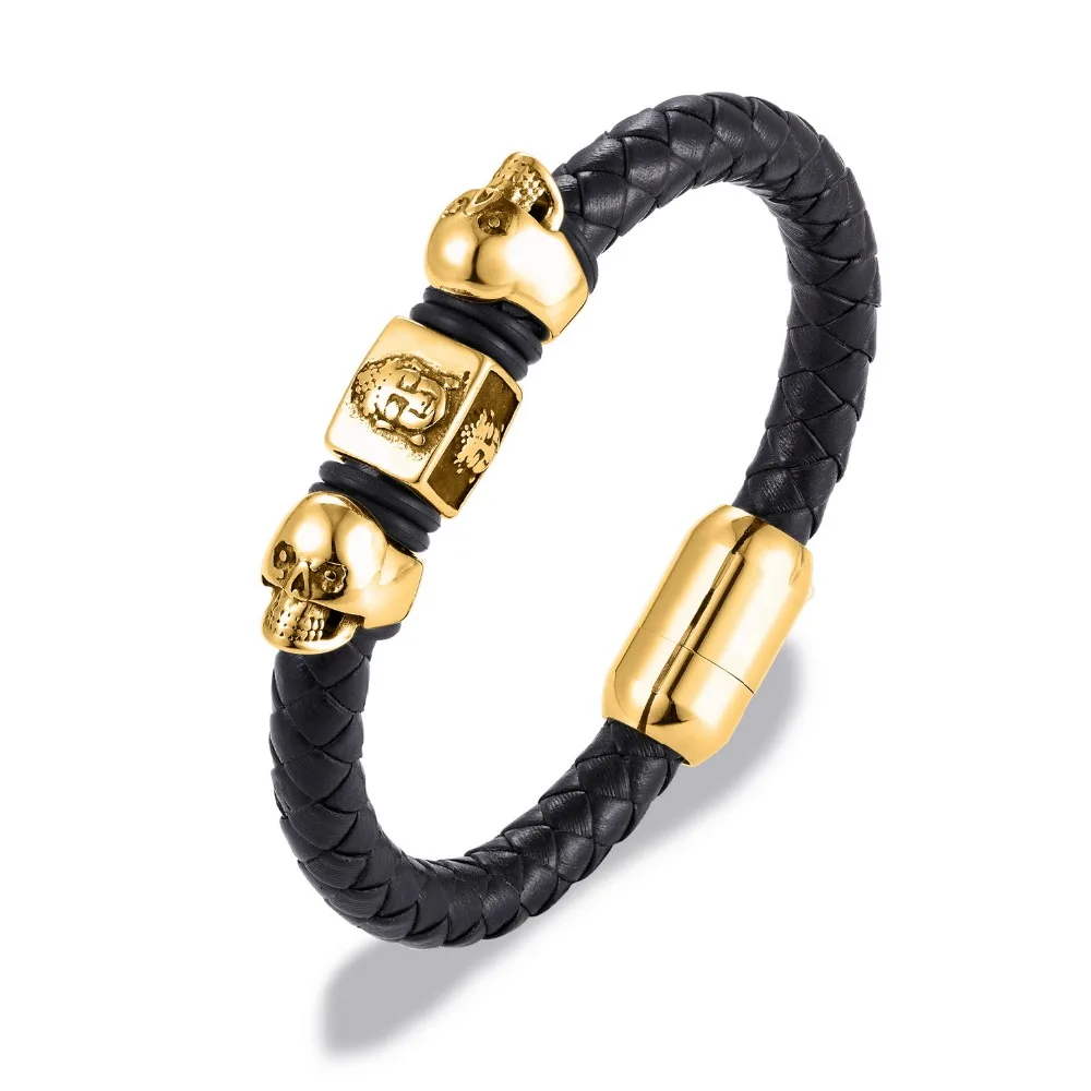 MKENDN New Genuine Braided Leather Bracelet Men Leo Lion Skull Stainless Steel Magnetic Clasp Bangles Fashion Punk Male Jewelry