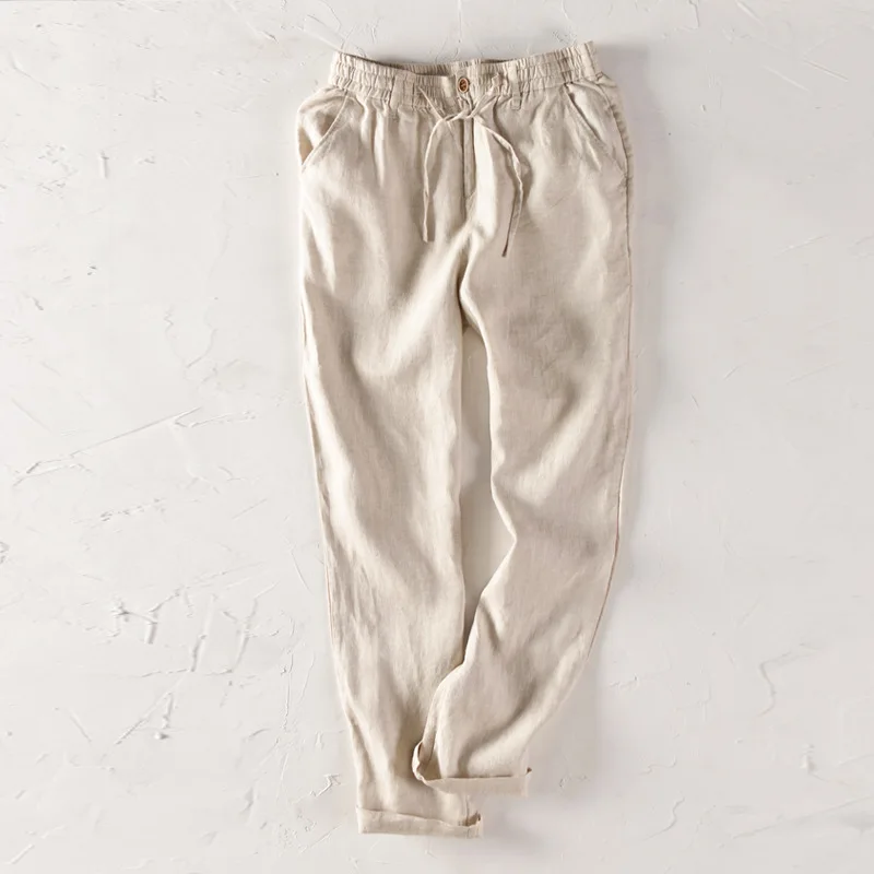 

HO 2019 men 100% pure linen thin breathable trousers loose linen trousers straight contracted