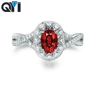 

QYI Simulated Ruby Engagement Halo Rings 1.25 ct Oval Cut Red Sona Stone Jewelry Women 925 Sterling Silver Wedding Rings