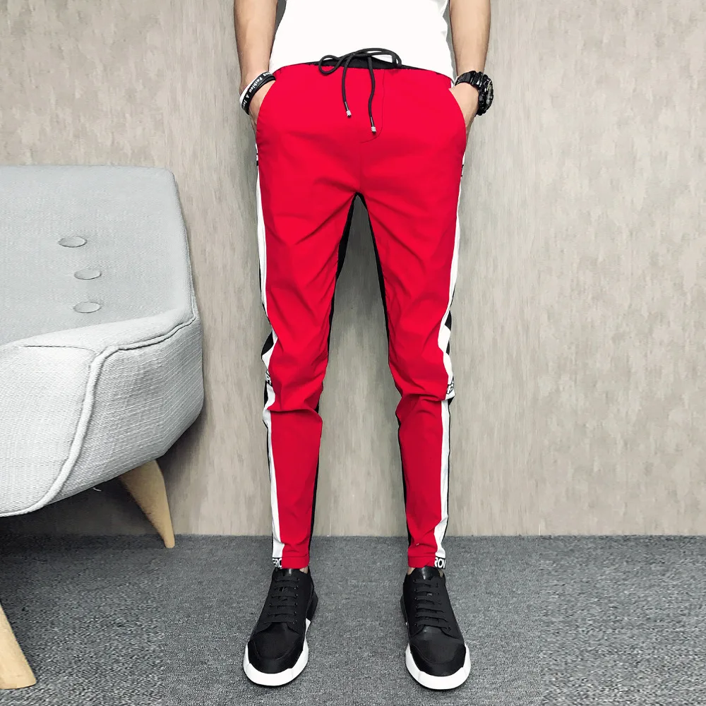 Летние брендовые новые мужские брюки, индивидуальная Лоскутная расцветка, облегающие повседневные штаны, мужские полосатые уличные брюки в стиле хип-хоп, мужские красные 33