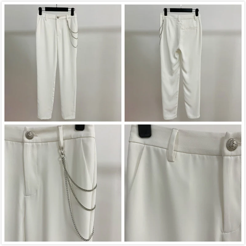 High Quality Women's Pant Suit Single Button Chain White Blazer Jacket & Pants 2 Piece Set Women Long Sleeve Office Ladies Suits
