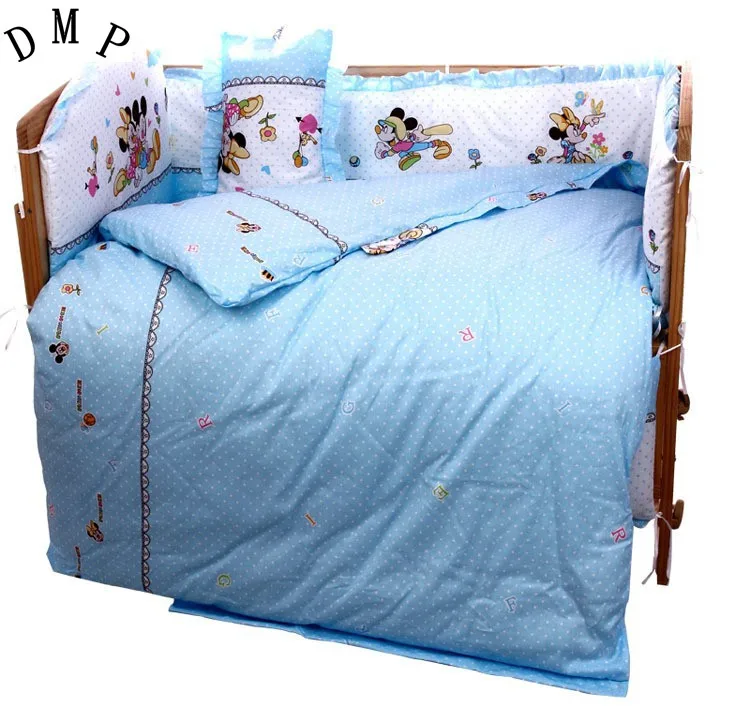 

Promotion! 7pcs Cartoon With Filler Baby crib bedding set 100% cotton baby bedding set (4bumper+duvet+matress+pillow)