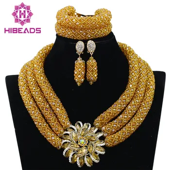 

Gorgeous African Beads Costume Jewelry Set Gold Flowers Chunky Statement Party Necklace Set for Brides Free Shipping QW940