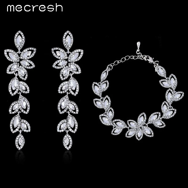 Mecresh Noble Bridal Jewelry Wedding Accessories Crystal Silver Plated Jewelry Sets Leaf Earrings Bracelet for Women SL046+EH282