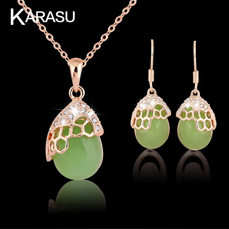 

Green Natural Stone Opal Crystal Necklace Earring Sets High Quality Gem Stone Rose Bridal 2-Piece Jewelry Sets