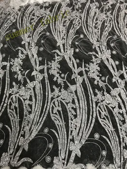 

SILVER sparkling sequins french tulle lace African high quality net lace flower hot sale glitter mesh fabric for wedding dress