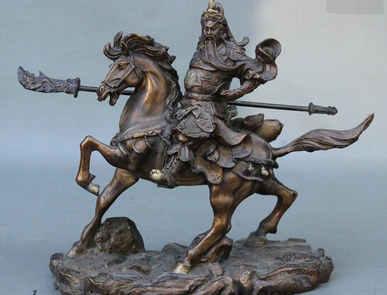 bir 006992 10&quot Chinese Pure Copper Bronze Guan Gong Yu Dragon Warrior Sword On Horse Statue | Дом и сад