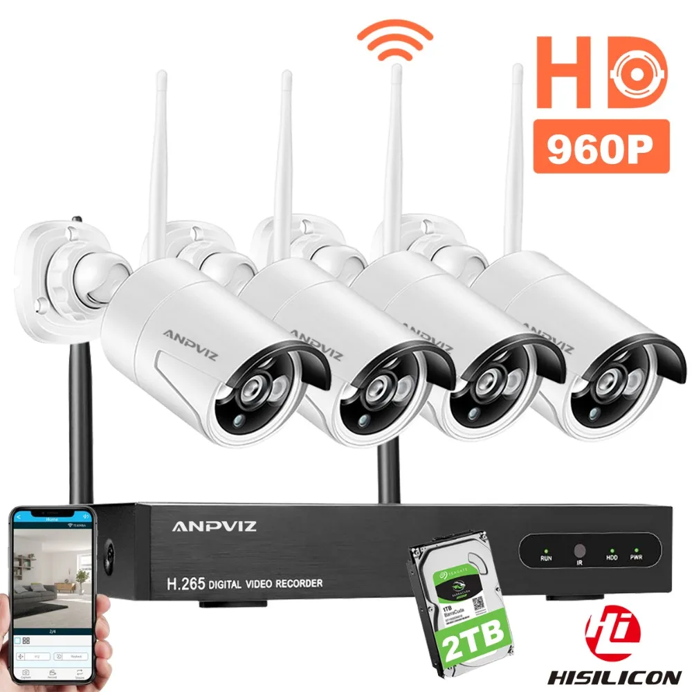 

Anpviz 4CH Wireless NVR Kit 1080P HD Outdoor 960P Security IP Camera System IR Night Vision Wifi Surveillance System 2TB HDD