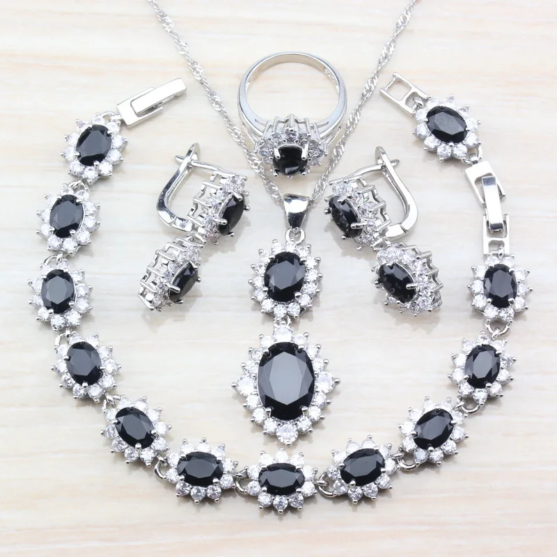 

925 Sterling Silver Fashionable Jewelry Sets Black Zircon Long Clip Earrings/Pendant&Necklace/Bracelet/Ring For Women Set