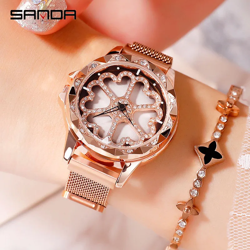 

Rotary Female Watch Diamond Sexfoil Heart Shape Watches Rotating Dial Clock Ladies Watch Disc Case Milan Belt Reloj Mujer Quartz