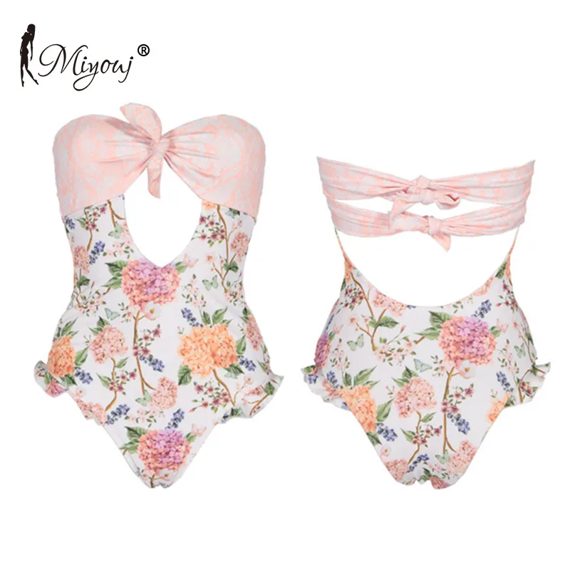 Miyouj Sexy Bandeau One Piece Swimsuit Ruffle Floral Swimwear Bandage Bathing Suit Women Hollow Out Biquini Feminino 2019 Bikini