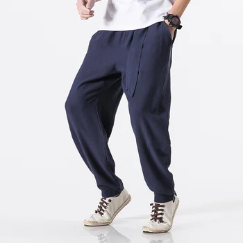 

Chinese style Streetwear Pants Men Harem Pants Clothes Casual Broadcloth Elastic Waist Cotton Full Length Linen Plus Size M-5XL