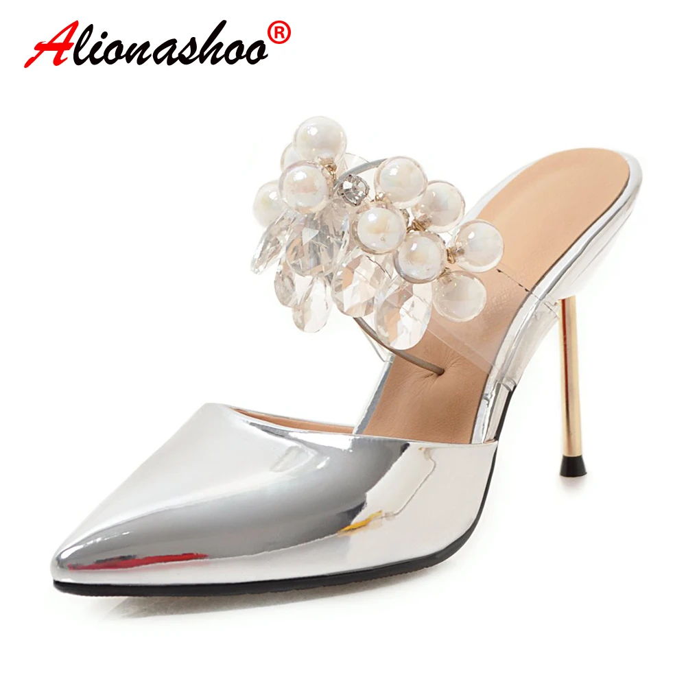 

Women Summer High Heels Mules Slippers Ladies Pointed Toe Thin High Heels Crystal Outside Shoes Woman Fashion Footwear 34-43