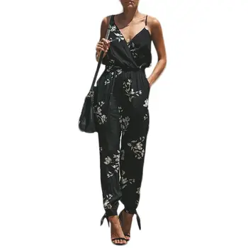 

Women Sexy Sleeveless Floral Jumpsuit Wrap V-Neck Drawstring High Waist Rompers Side Split Long Pants Playsuit With Pocket