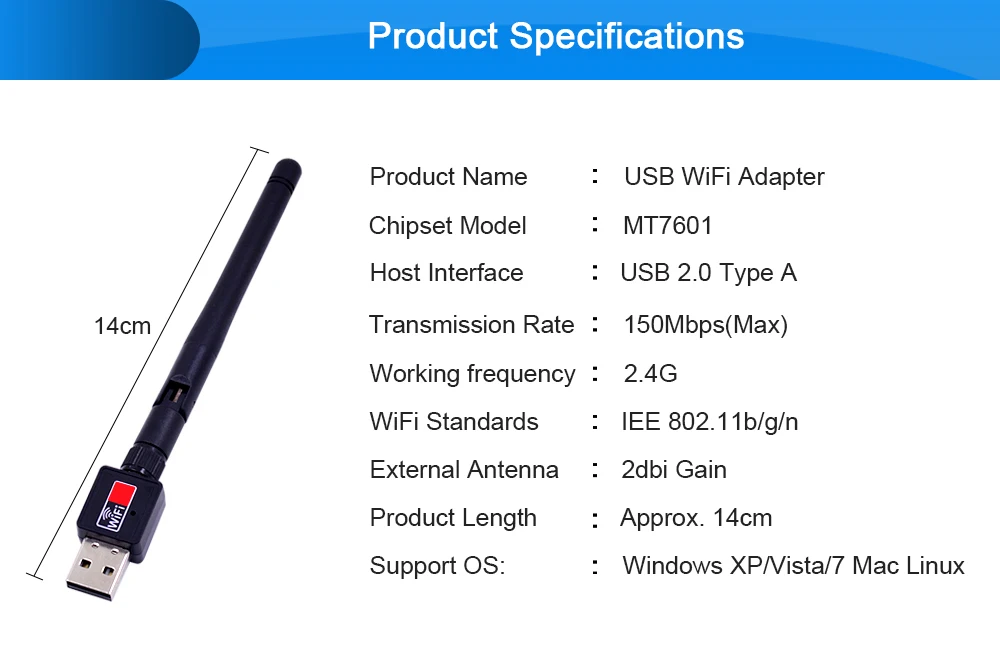 CHIPAL 150Mbps External USB WiFi Adapter Antenna Dongle Mini Wireless LAN Network Card 802.11n/g/b wi-fi receiver for Windows XP