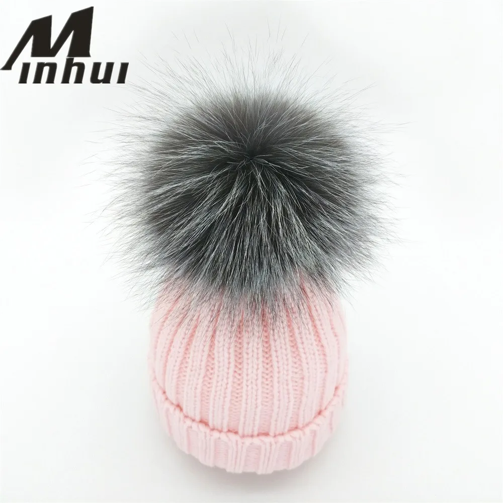 Minhui/Новинка; зимние шапки для детей; Skullies Beanies для девочек; шапка с помпонами из натурального меха серебристой лисы; шапка для девочек; плотная шапка