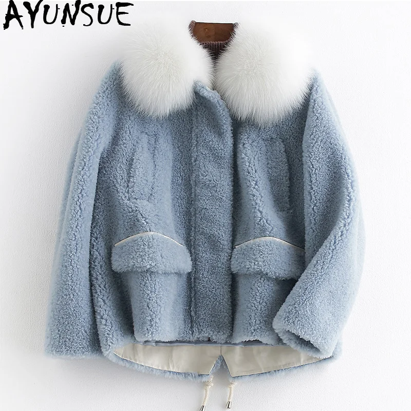 

AYUNSUE Real Sheep Shearling Fur Coat Winter Jacket Women Fox Fur Collar 100% Wool Coats and Jackets Women Clothes 2019 MY3574