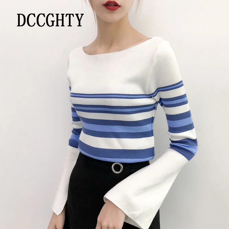 

Autumn Winter Sweater Women Bell Sleeve Slash Neck Striped Pullovers 2018 Fall Knitted Women Sweater High Quality Jumper Ladies