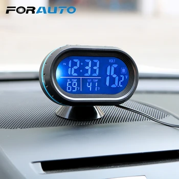 

FORAUTO Automobiles Clock Thermometer Dual Temperature Gauge Voltmeter Voltage Tester Dashboard LED Lighted Watch Car Ornament