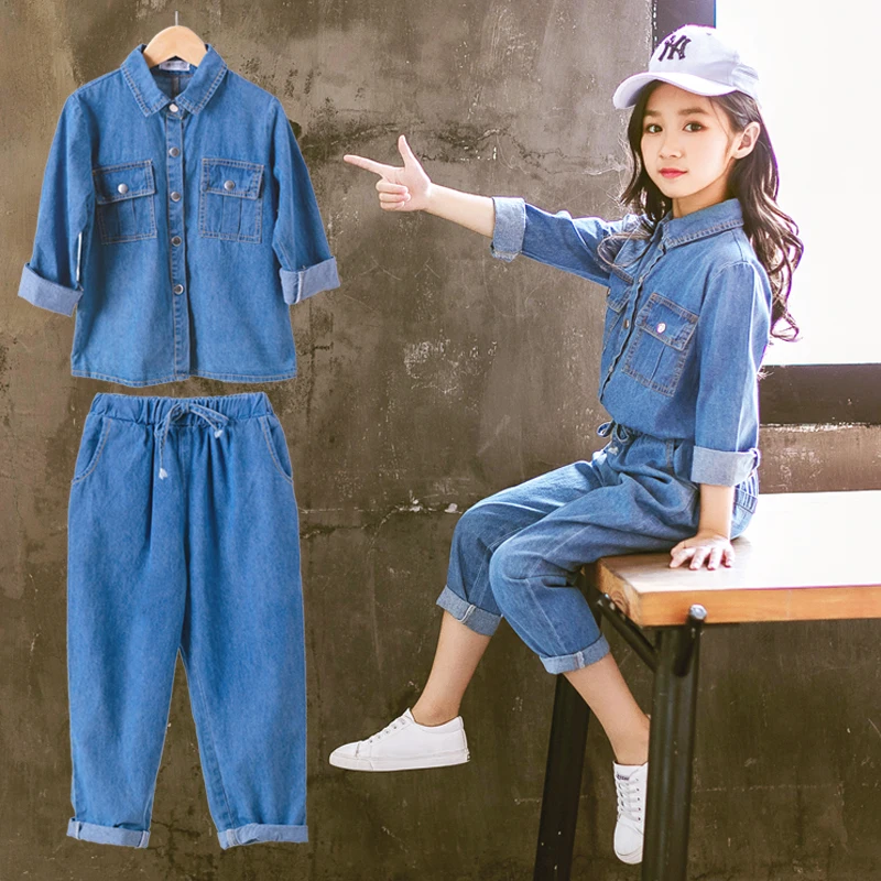 Детская одежда для девочек, джинсовые рубашки с синими джинсами, комплекты из 2 предметов, комплекты школьной одежды для девочек 6, 8, 10, 11, 12 лет, осень-весна
