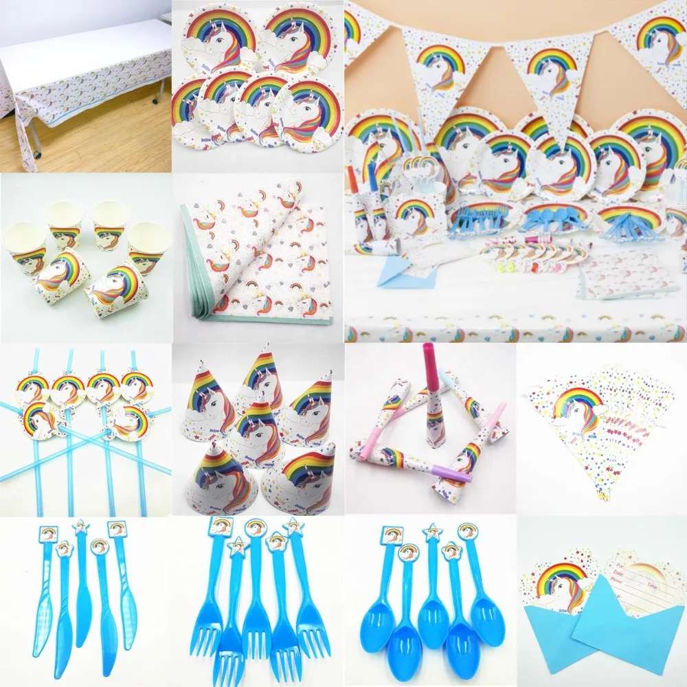 

Unicorn Kids Birthday Party Supplies Decoration Set Tablecloth Cup Plate Straw Napkin Cap Gift Bag Candle Candy Popcorn Box Card