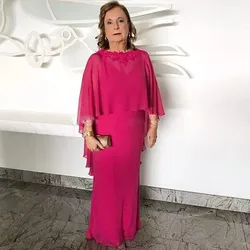 Fuchsia Chiffon Mother Of The Bride Dresses 2019 vestido de madrinha Lace Appliques With Cape Weddings Floor Length Formal Gown Fuchsia Chiffon Mother Of The Bride Dresses 2019 vestido de madrinha Lace Appliques With Cape Weddings Floor Length Formal Gown