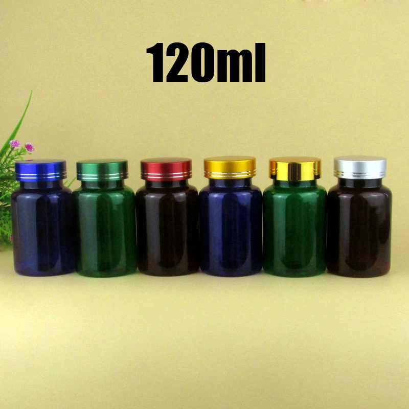 

100pcs 120cc PET Packing Bottles, Medicine/Capsules/Pills/Powder/Vitamin Plastic Solid Bottles 120ml--6 Colors Metal Caps