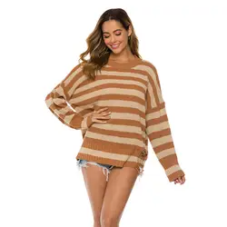 ALLNeon выдалбливают Полосатый круглый вырез женский свитер Свободный вязаный пуловер с длинным рукавом Женские топы выше размера уличная