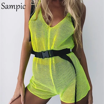 

Sampic women v neck mesh neon green rompers jumpsuit casual sleeveless transparent backless short romper summer 2019