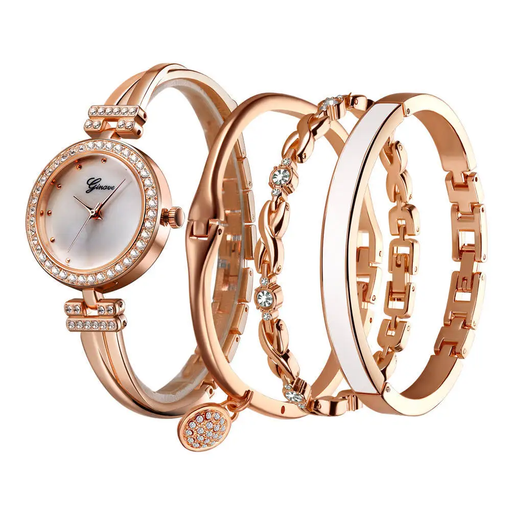4 шт. в комплекте, женские часы Ginave, розовое золото, бриллиантовый браслет, часы, роскошные ювелирные изделия для девушек, повседневные кварцевые наручные часы