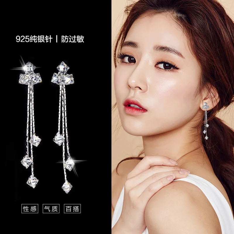 

high quantity temperament earrings female personality zircon pendant earrings long tassel anti-allergy earrings