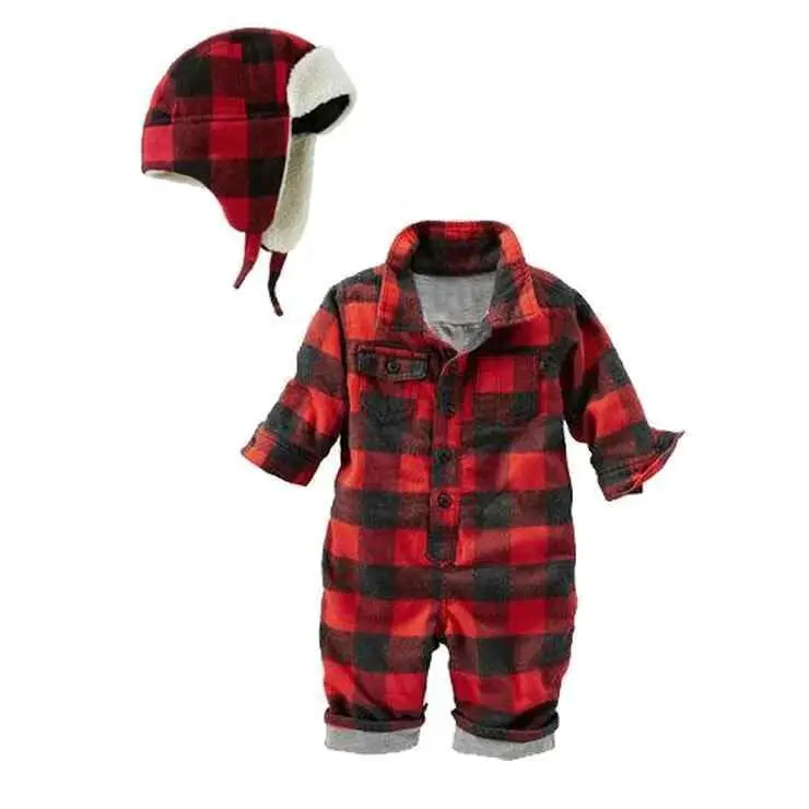 Autumn Baby boys red plaid long sleeve cotton rompers hat fashion