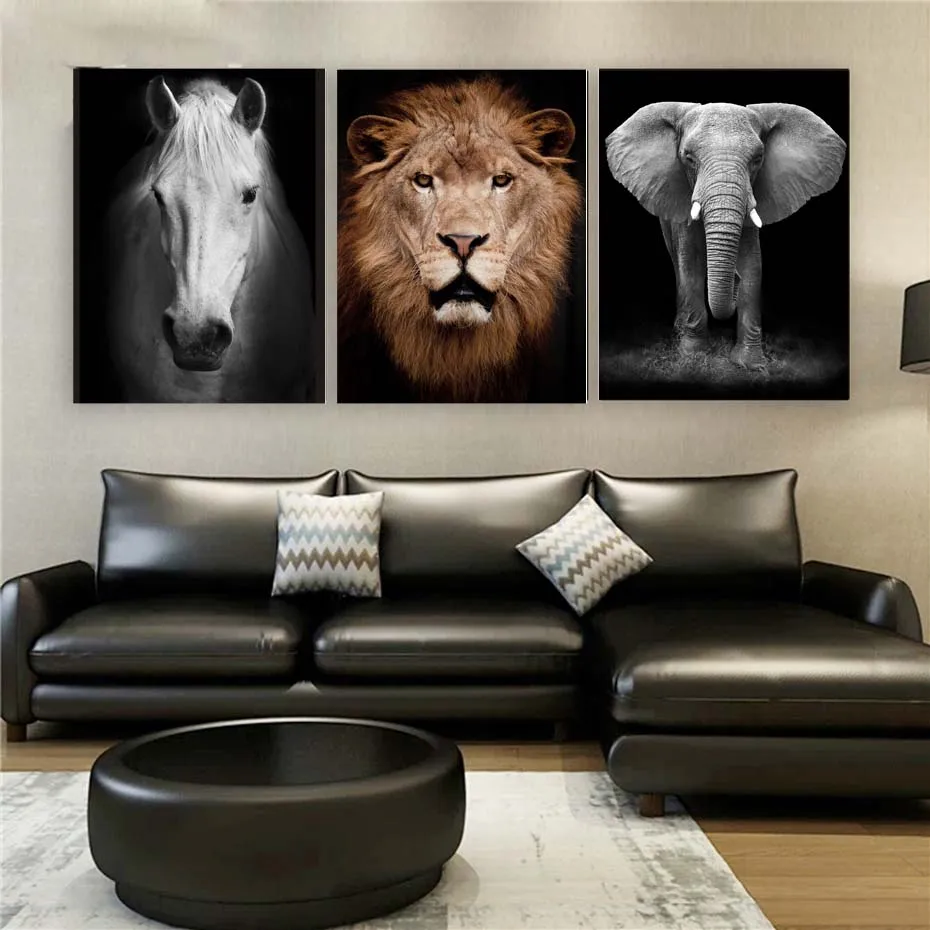 Vivid Wild Animal Lion Horse Elephant Modern Black White Poster&Print Bedroom Nordic Canvas Painting Wall Art Picture Home Decor (4)