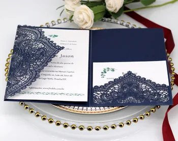 

Navy Blue Laser Cut Tri-fold Pocket Invites for Wedding Party Quinceanera Card with RSVP Card and Belt and Tag