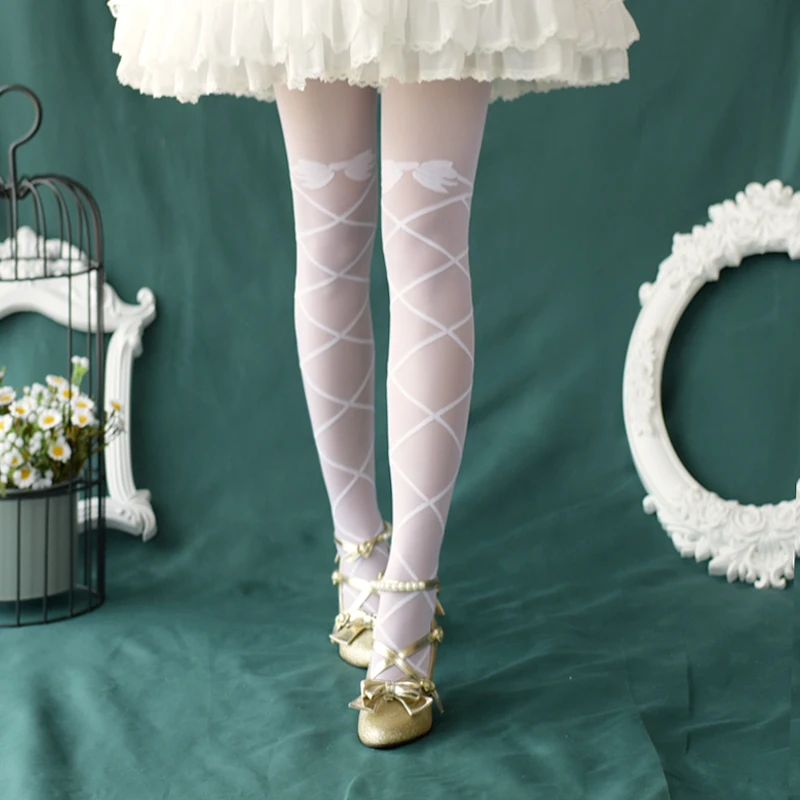 

Sweet Lolita Ballet Crossover Strap Bowknot Color White Black Thin Pantynose Kawaii Women's Tights Summer Silk stockings