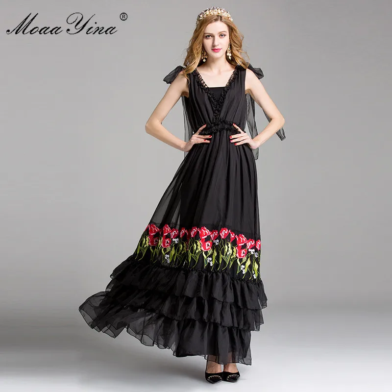 

MoaaYina Spring Summer Women Spaghetti Strap Floral Embroidery Cascading Ruffle Elegant Dresses Fashion Designer Runway dress