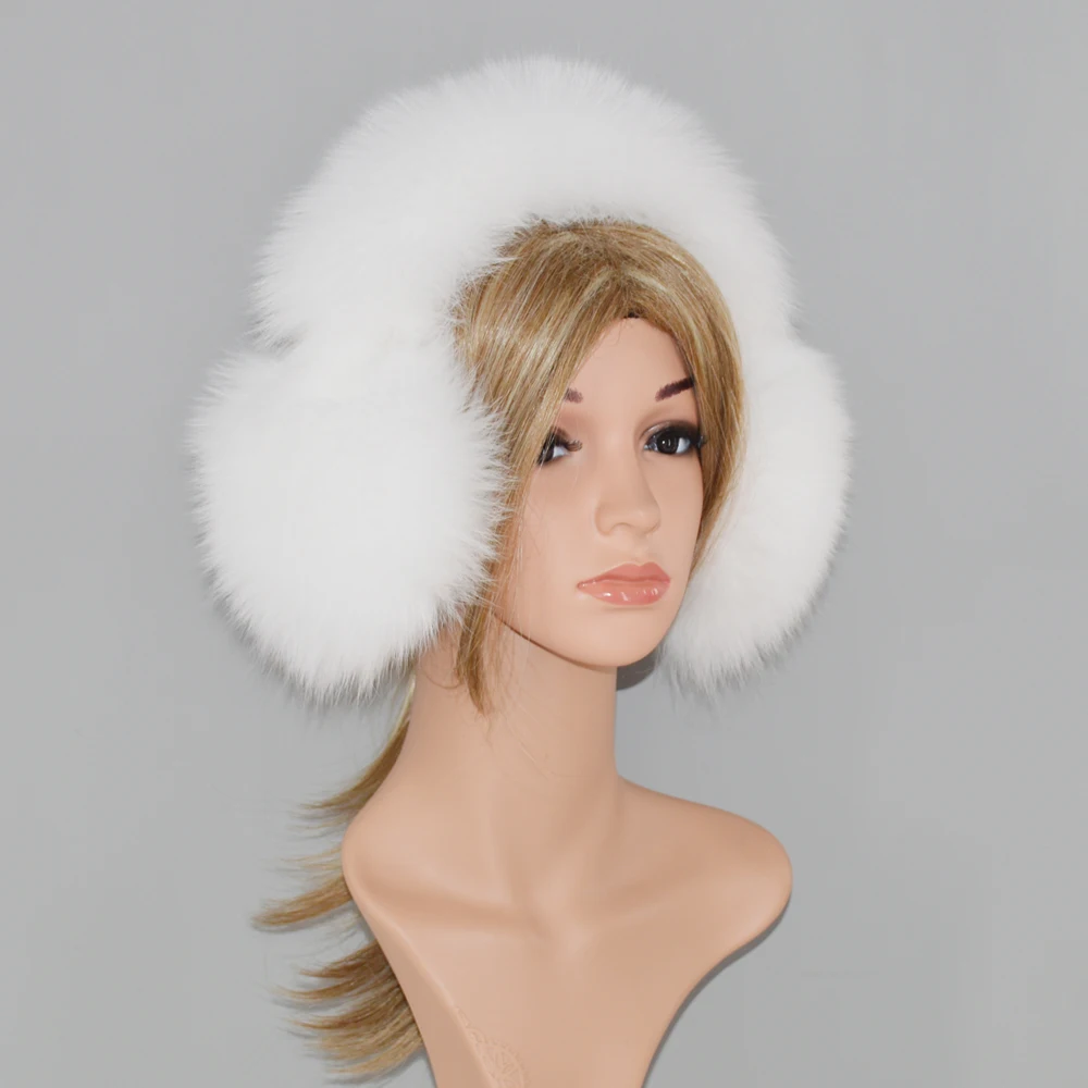 New Style Women Natural Real Fox Fur Earmuffs Plush Winter Warm Big Fox Fur Ear Muffs Girls Luxury Fox Fur Earmuff