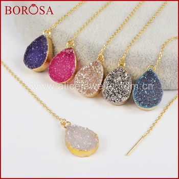 

BOROSA 3Pairs Gold Color Teardrop Titanium Rainbow Druzy Crystal Threader Earrings, Mix Colors Drop Earring for Women G1242