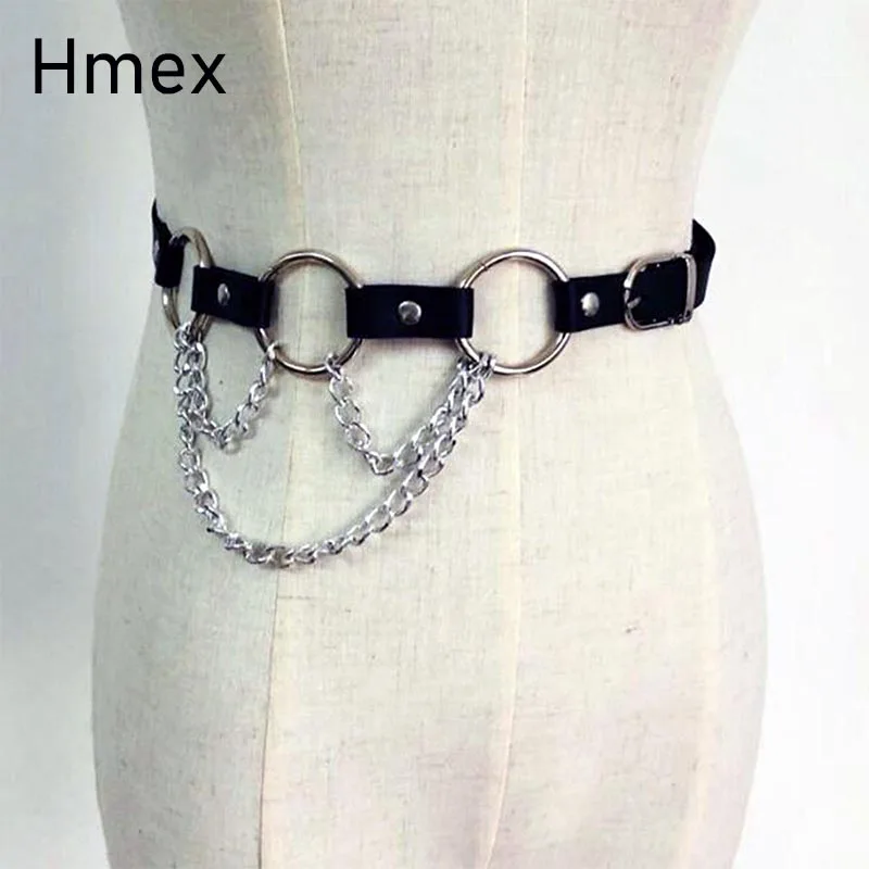 

Fashion Gothic belts for women Designer Waist Belts Black Rock Hip-hop ceinture femme Metal Circle Ring Leather Waistband
