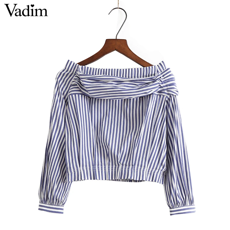 Women sexy slash neck striped shirt crop top lantern