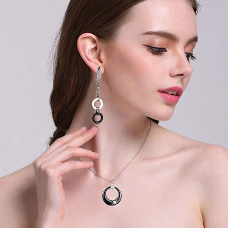 Круглый круглый женский серебряный круглый керамический кулон ожерелье набор ювелирных изделий двойные черные белые керамические серьги для вечерние подарки
