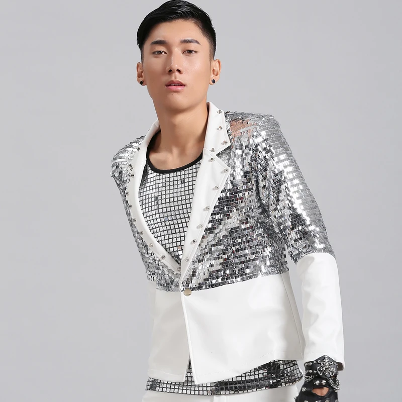 

Jazz Costume Nightclub Male Singer Bar DJ Silver Sequin Clothing Suit Leather Show Costumes Men Stage Show Jacket Coat DNV10075
