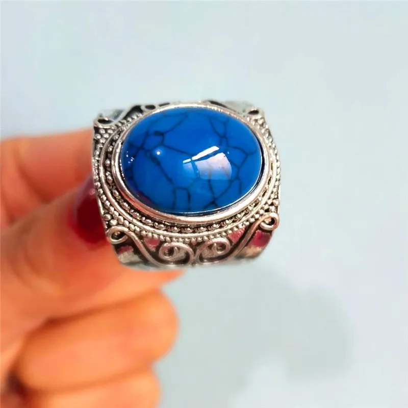 JUNXIN Blue Moonstone Oval Big Rings For Mens Antique 925 Silver Filled Christmas Fashion Jewelry Boho Wide Wedding Ring Male