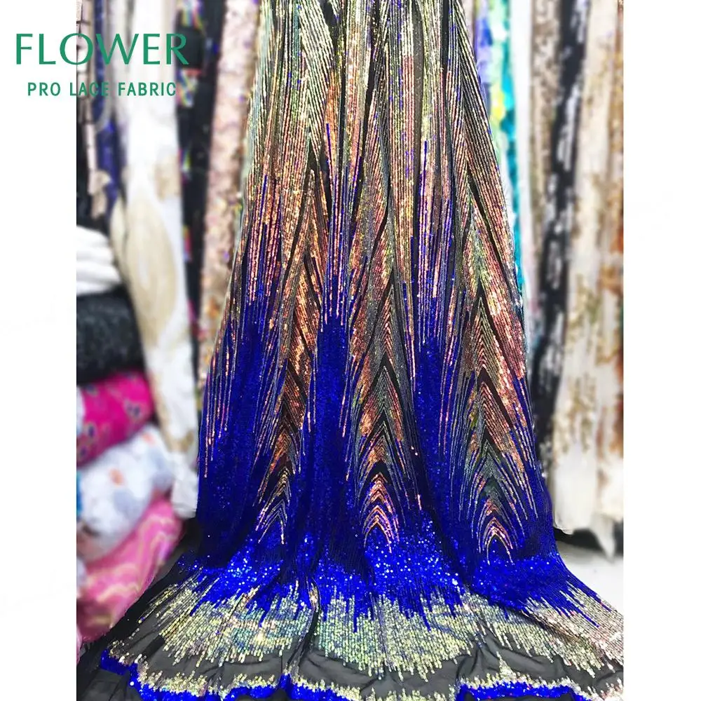 

Gold And Blue Sequins Net Lace Fabric 2019 Dazzling Design Nigerian For Evening Party Dress Sewing Sequined Embroidered Material