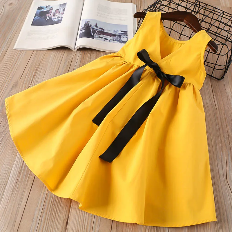 

Hurave kids dress for girls Children Sleeveless drawstring dress causal solid infant A-line backless Princess cotton dresses