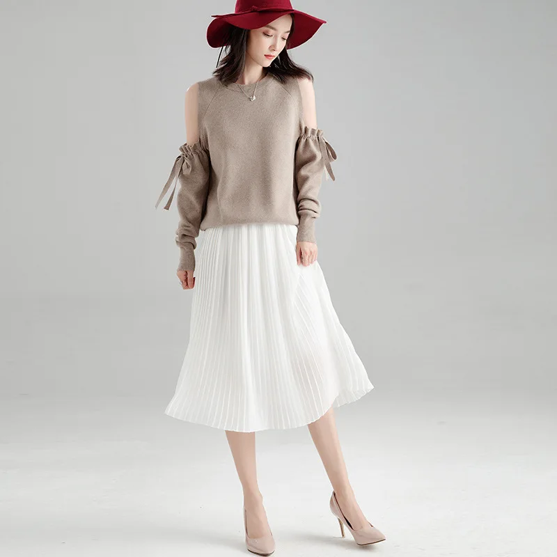 2018 Autumn new stylish slim solid color sweater slim off shoulder bow temperament knitted sweater for women SJ1325 2018 Autumn new stylish slim solid color sweater slim off shoulder bow temperament knitted sweater for women SJ1325