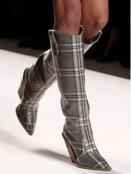 

Dipsloot Hot Sale Women Fashion Gingham Fretwork Heels Runway Shoes Lady Pointed Toe SLip-on Knee High Boots Feamle Long Boots