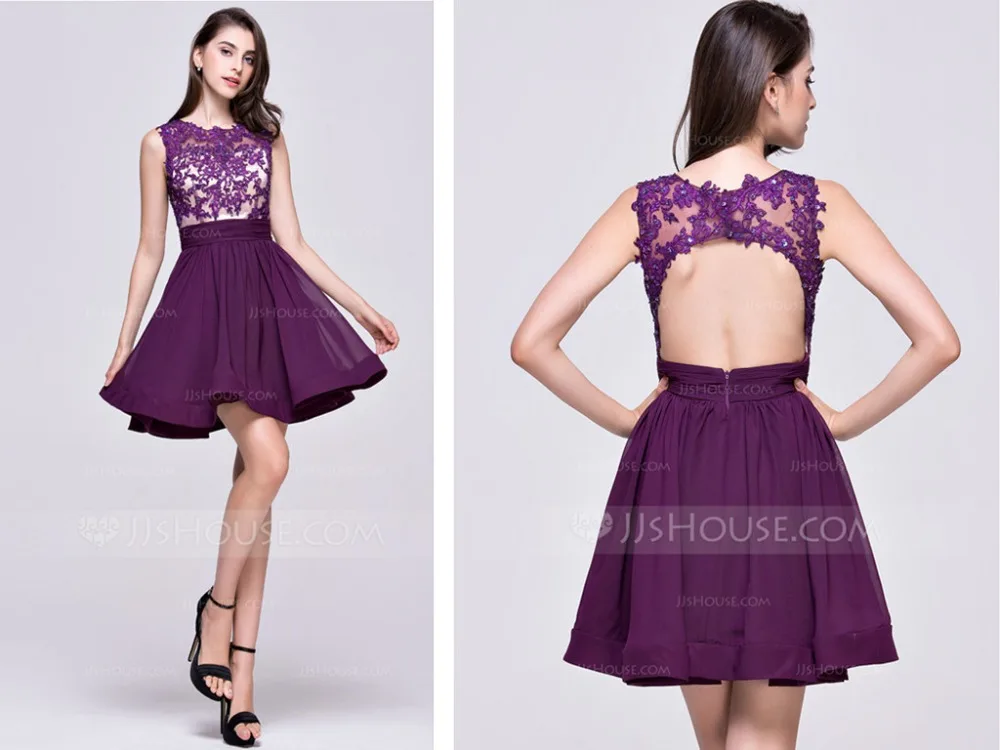

2016 new fashion sexy backless appliques vestido de festa a-line beading lace short mini purple prom dresses off the shoulder